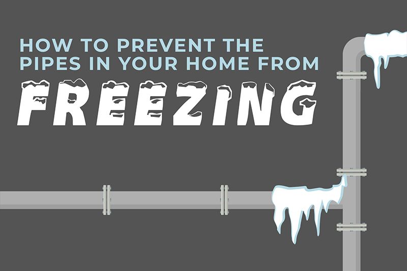 Blue and white text with a freezing pipe that says "How to Prevent the Pipes in Your Home From Freezing". How to Prevent the Pipes in Your Home From Freezing.