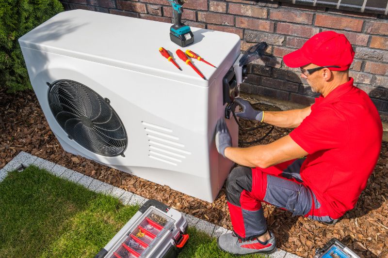 Image of a technician working with a heat pump. 4 Factors to Consider When Buying a Heat Pump.